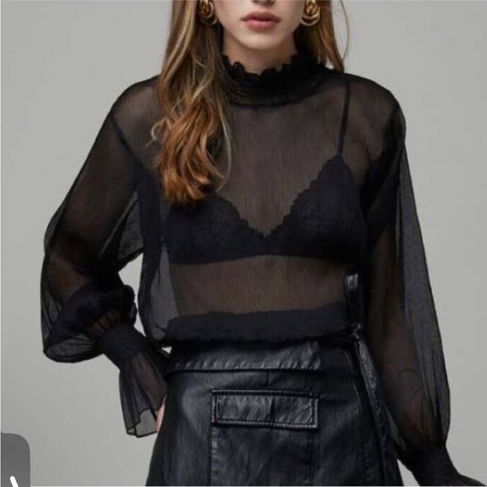 OAK + FORT Sheer Black Long-Sleeve Ruffle Neck Blouse